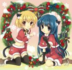  animal_ears arm_support bell bell_collar blonde_hair blue_eyes blue_hair blush boots cat_ears cat_pose cat_tail christmas collar dress fang furude_rika gloves hanabana_tsubomi higurashi_no_naku_koro_ni houjou_satoko jingle_bell kemonomimi_mode kneeling long_hair looking_at_viewer multiple_girls navel paw_pose purple_eyes red_eyes ribbon ribbons santa_costume short_hair shorts sitting snowflake snowflakes tail thigh-highs thighhighs violet_eyes wariza wreath 