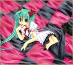 green_eyes hatsune_miku imoko. lying maiko_(artist) shikishi skirt thigh-highs thighhighs traditional_media twintails vocaloid world_is_mine_(vocaloid) 