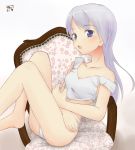  barefoot blue_eyes blush camisole crossed_arms eila_ilmatar_juutilainen half-shirt hanyu legs_up long_hair off_shoulder open_mouth panties purple_hair signature silver_hair simple_background sitting solo strap_slip strike_witches underwear 