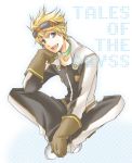  alternate_costume blonde_hair blue_eyes choker gloves goggles guy_cecil male sitting smile tales_of_(series) tales_of_the_abyss title_drop white_background 
