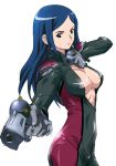  black_eyes blue_hair bodysuit breasts cleavage dual_wield dual_wielding gun kuga_natsuki long_hair mai_hime my-hime open_clothes open_shirt shirt weapon 