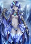  1girl alternate_costume anivia blue_eyes blue_hair claws dark_skin evil feathered_wings harpy highres ice league_of_legends monster_girl nam_(valckiry) personification short_hair snow solo tail wings 