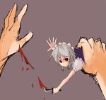  bleeding blood cuts hairband hands injury izayoi_sakuya knife knifed maid mie_haru mieharu minigirl red_eyes ribbon ribbons short_hair silver_hair touhou wound 