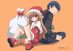  back-to-back back_to_back blue_hair boots brown_eyes brown_hair christmas gift hat long_hair rutarou sack santa_costume santa_hat short_hair stocking_cap takasu_ryuuji toradora! 