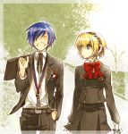  android arisato_minato blonde_hair blue_hair bow digital_media_player headphones lowres persona persona_3 ribbon school_uniform tsuji_yuzu 