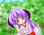  bushes detached_sleeves dutch_angle hanyuu higurashi_no_naku_koro_ni horns japanese_clothes long_hair miko purple_eyes purple_hair violet_eyes 