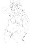  ahoge armpits bad_id bikini bikini_top breasts cleavage hair_ornament hair_over_one_eye ikkitousen kan'u_unchou kanu_unchou kasanui large_breasts leg_grab lineart long_hair midriff monochrome navel open_fly open_zipper ponytail short_shorts shorts sideboob simple_background smile solo standing swimsuit swimsuit_under_clothes underboob unzipped very_long_hair zipper 