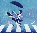  bag black_hair kumaori_jun paper ponytail school school_uniform serafuku skirt umbrella wind 