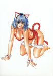  animal_ears blue_eyes blue_hair bow bows breasts cat_ears cat_tail cleavage collar garters highres inoue_takuya nail_polish naked_apron smile tail 