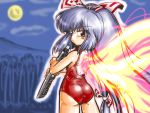  ass electric_wind_instrument fiery_wings fire fujiwara_no_mokou instrument moon one-piece_swimsuit school_swimsuit swimsuit torn_clothes touhou wings winn 