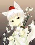  flower hat ikura_hato inubashiri_momiji katana red_eyes short_hair sword tail tokin_hat touhou weapon white_hair 