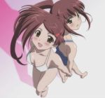  bandaid blush brown_hair cap from_above hair_ornament hairclip hand_holding holding_hands kiss_x_sis kissxsis long_hair multiple_girls one-piece_swimsuit screencap siblings smile suminoe_ako suminoe_riko swimsuit twins 