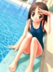  brown_eyes brown_hair dutch_angle feet goto_p hands long_hair one-piece_swimsuit pool poolside school_swimsuit swimsuit wet 
