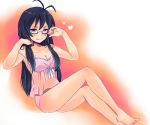  antenna_hair barefoot black_hair glasses lingerie long_hair masaki_(celesta) nightgown panties pink_panties underwear 