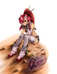  belt bikini_top boots bored chin_rest hair_ornament long_hair midriff pink_legwear pink_thighhighs ponytail pro red_hair redhead shorts sitting tengen_toppa_gurren_lagann thigh-highs thighhighs yoko_littner yoko_ritona 