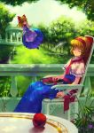  alice_margatroid apple blonde_hair book food fruit garden hairband highres railing s.advent shanghai_doll sitting sleeping string touhou 