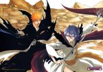  bankai bleach dark_rukia dust highres kubo_taito kubo_tite kuchiki_rukia kurosaki_ichigo manga official_art orange_hair purple_hair scythe sword wallpaper weapon 