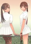  brown_eyes brown_hair long_hair multiple_girls racket skirt souldeep sport tennis tennis_dress tennis_net tennis_racket 