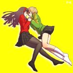  amagi_yukiko bike_shorts black_hair brown_hair feet gray_pantyhose holding_hands long_hair multiple_girls no_shoes pantyhose persona persona_4 pleated_skirt satonaka_chie school_uniform short_hair skirt socks tamtam tomboy track_jacket yuri 