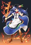 blue_hair boots fire flames food fruit gengorou grin hat highres hinanawi_tenshi long_hair long_skirt peach peaches red_eyes skirt smile sword sword_of_hisou touhou weapon wind_lift