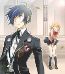  1girl arisato_minato blue_eyes blue_hair bow couple digital_media_player hair_over_one_eye headphones lowres persona persona_3 ribbon school_uniform skirt sweatdrop takeba_yukari tsuji_yuzu wind_lift 