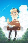  animal_ears blonde_hair blue_eyes blurry cloud condensation_trail depth_of_field dog_ears dog_tail foreshortening grass highres lens_flare majima_yuki open_mouth original pantyhose short_hair sky smile suitcase tail v_arms 