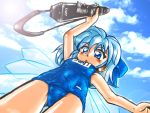  blue_hair cirno electric_wind_instrument from_below instrument name_tag one-piece_swimsuit school_swimsuit swimsuit touhou winn 
