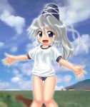  1girl blue_buruma blue_eyes blush breasts buruma commentary_request hat mononobe_no_futo open_mouth ponytail shirt silver_hair smile solo tagme tate_eboshi touhou white_shirt winn 