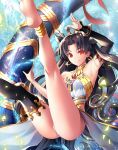  1girl armlet ass bare_legs bare_shoulders black_hair breasts earrings fate/grand_order fate_(series) highres hoop_earrings ishtar_(fate/grand_order) jewelry long_hair looking_at_viewer navel panties pantyshot red_eyes single_thighhigh small_breasts smile solo suishougensou thigh-highs tohsaka_rin two_side_up underwear 