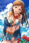  1girl bow bowtie breasts brown_eyes brown_hair clouds cloudy_sky flower hairband headset idolmaster idolmaster_cinderella_girls long_hair looking_at_viewer navel nitta_minami open_mouth skirt sky solo strap_slip takeya_y0615 