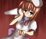  blood blue_eyes brown_hair hat highres higurashi_no_naku_koro_ni orange_hair ryuuguu_rena shi_ecchi yandere 