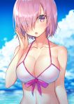  1girl bikini_top breasts cleavage collarbone eyes_visible_through_hair fate/grand_order fate_(series) hair_over_one_eye hakuishi_aoi halterneck large_breasts looking_at_viewer open_mouth outdoors pink_hair shielder_(fate/grand_order) short_hair solo violet_eyes white_bikini_top 