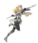  1girl armor armored_boots black_gloves blonde_hair boots cleavage female fighting_stance fire_emblem fire_emblem_echoes:_mou_hitori_no_eiyuuou fire_emblem_heroes full_body gloves highres holding holding_polearm holding_weapon leg_up long_hair looking_away mathilda_(fire_emblem) official_art open_mouth polearm solo transparent_background upper_teeth weapon 