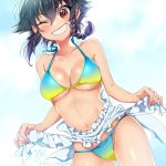  1girl apron bikini black_hair braid breasts brown_eyes cleavage cowboy_shot dutch_angle frilled_apron frills girls_und_panzer gradient_bikini grin kari_okome looking_at_viewer medium_breasts multicolored multicolored_bikini multicolored_clothes navel one_eye_closed pepperoni_(girls_und_panzer) short_hair side_braid smile standing swimsuit white_apron 