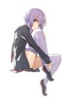  1girl 3: bangs black_shoes blush closed_mouth from_side full_body green_eyes highres hood hoodie knee_up long_hair looking_at_viewer low_twintails open_clothes open_hoodie oweee purple_hair purple_legwear shoes simple_background sitting solo thigh-highs thighs twintails vocaloid voiceroid white_background yuzuki_yukari 