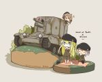  3girls bishop_spg blonde_hair blue_eyes brown_hair chibi cup eating grey_hair ground_vehicle military military_vehicle motor_vehicle multiple_girls nuu_(nu-nyu) self-propelled_gun tank teacup world_of_tanks 