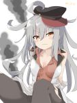  10s artist_request breasts flat_cap gangut_(kantai_collection) grey_hair hat highres kantai_collection large_breasts long_hair looking_at_viewer military military_hat military_jacket military_uniform orange_eyes pantyhose red_shirt remodel_(kantai_collection) russian scar scar_on_cheek shirt smoke uniform white_background 