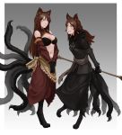  2girls absurdres animal_ears black_dress brown_hair cat_ears cat_feet cat_tail dress gloves green_eyes highres holding holding_weapon hood less long_hair looking_at_another monster_girl multiple_girls multiple_tails ponytail red_dress smile staff standing tail weapon 