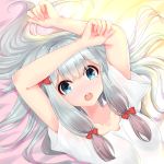  1girl arms_up bed_sheet blue_eyes bow breasts collarbone eromanga_sensei from_above hair_bow highres izumi_sagiri long_hair lying mahou_shounen on_back open_mouth red_bow shirt silver_hair small_breasts solo t-shirt tearing_up white_shirt 