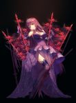  1girl adapted_costume breasts dress elbow_gloves fate/grand_order fate_(series) flower gae_bolg gloves hair_intakes highres long_hair looking_at_viewer medium_breasts polearm purple_dress purple_hair red_eyes rosuuri scathach_(fate/grand_order) solo spear spider_lily thigh-highs weapon 