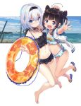  2girls :d ahoge bangs barefoot bikini black_hair blue_eyes blush double_bun frilled_bikini frills full_body hair_ornament hair_up hairband hand_on_another&#039;s_head hinatsuru_ai innertube jacket long_hair looking_at_viewer multiple_girls navel nose_blush official_art open_clothes open_jacket open_mouth outstretched_arm ryuuou_no_oshigoto! sandals shirabi short_hair silver_hair slippers smile snowflake_hair_ornament sora_ginko swimsuit 