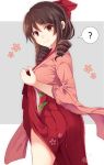  10s 1girl ? blush bow brown_hair cherry_blossoms commentary_request cowboy_shot drill_hair hair_bow hakama harukaze_(kantai_collection) japanese_clothes kantai_collection kimono long_hair looking_at_viewer meiji_schoolgirl_uniform pink_kimono red_bow red_eyes red_hakama sameya smile solo speech_bubble spoken_question_mark thighs twin_drills two-tone_background 