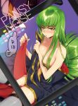  1girl bare_shoulders breasts c.c. cape code_geass collarbone cover cover_page creayus doujin_cover green_hair solo sweat table yellow_eyes zoom_layer 