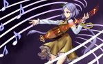  1girl arm_up biwa_lute black_background brown_dress chains crotchet dress flower hair_flower hair_ornament holding instrument long_hair long_sleeves lute_(instrument) meitei musical_note purple_hair quaver smile solo staff_(music) touhou treble_clef tsukumo_benben twintails violet_eyes 