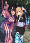  2girls :d arm_up black_hair blonde_hair blue_eyes bottle cellphone commentary dragon_horns fang gradient_hair hand_on_own_knee horns japanese_clothes kimono leaning_forward long_hair long_sleeves multicolored_hair multiple_girls natori_youkai obi oni oni_horns open_mouth original outdoors phone purple_hair red_eyes sash self_shot smile tanabata tree two-tone_hair very_long_hair yukata 