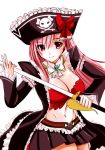  1girl bow breasts captain_liliana cecil_(wing_r) frills hat highres jolly_roger large_breasts long_hair miniskirt pink_eyes pink_hair pirate pirate_hat pleated_skirt queen&#039;s_blade queen&#039;s_blade_rebellion ribbon skirt skull_and_crossed_swords solo sword very_long_hair weapon 