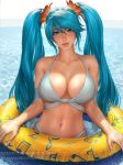  1girl artist_name bikini blue_eyes blue_hair bra breasts closed_mouth collarbone day deviantart_username hair_between_eyes hair_ornament head_tilt highres innertube large_breasts league_of_legends light_smile lips long_hair looking_at_viewer mirco_cabbia musical_note navel panties partially_submerged patreon_reward signature solo sona_buvelle standing stomach swimsuit twintails underwear very_long_hair watermark web_address white_bikini white_bra 