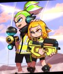  1boy 1girl black_shirt black_shoes black_shorts clouds cloudy_sky day emblem green_hair green_tongue hand_on_another&#039;s_head headgear hero_shot_(splatoon) holding holding_weapon inkling jacket light_smile long_hair long_sleeves makotou one_eye_closed open_mouth orange_eyes orange_hair shirt shoes short_hair shorts single_vertical_stripe sky splatoon splatoon_2 squidbeak_splatoon standing topknot turtleneck weapon weapon_request yellow_jacket yellow_vest 