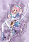  1girl animal_ears breasts cat_ears cat_tail cleavage hat holster katahira_masashi multiple_tails nekomata nurse nurse_cap open_mouth original pink_hair red_eyes short_hair solo syringe tail thigh-highs thigh_holster weapon 