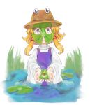  1girl blonde_hair bogyaku_no_m brown_eyes commentary_request day dress frog hair_ribbon hands_up hat holding lily_pad long_sleeves looking_at_viewer mask moriya_suwako outdoors partially_submerged purple_dress ribbon smile standing tongue tongue_out touhou upper_body water wide_sleeves 